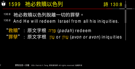 A presentation slide with Chinese and English text about faith and law, along with Greek word roots.