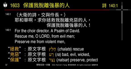 A presentation slide with Chinese and English text about faith and law, along with Greek word roots.