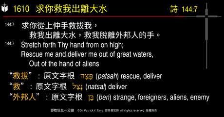 A presentation slide with Chinese and English text about faith and law, along with Greek word roots.