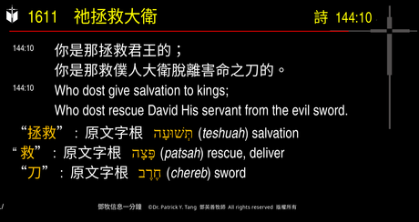 A presentation slide with Chinese and English text about faith and law, along with Greek word roots.