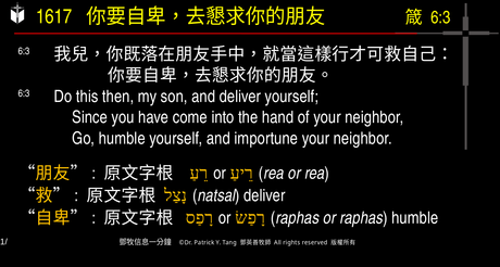 A presentation slide with Chinese and English text about faith and law, along with Greek word roots.