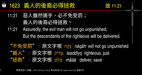 A presentation slide with Chinese and English text about faith and law, along with Greek word roots.