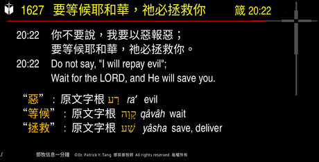 A presentation slide with Chinese and English text about faith and law, along with Greek word roots.