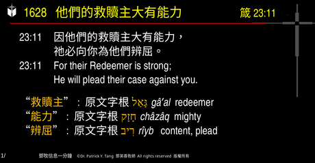 A presentation slide with Chinese and English text about faith and law, along with Greek word roots.