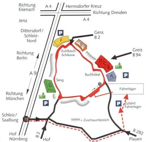 Kaart van een racecircuit, met gemarkeerde wegen, parkeerplaatsen en toeschouwersgebieden. Inclusief routebeschrijvingen en belangrijke locaties zoals 