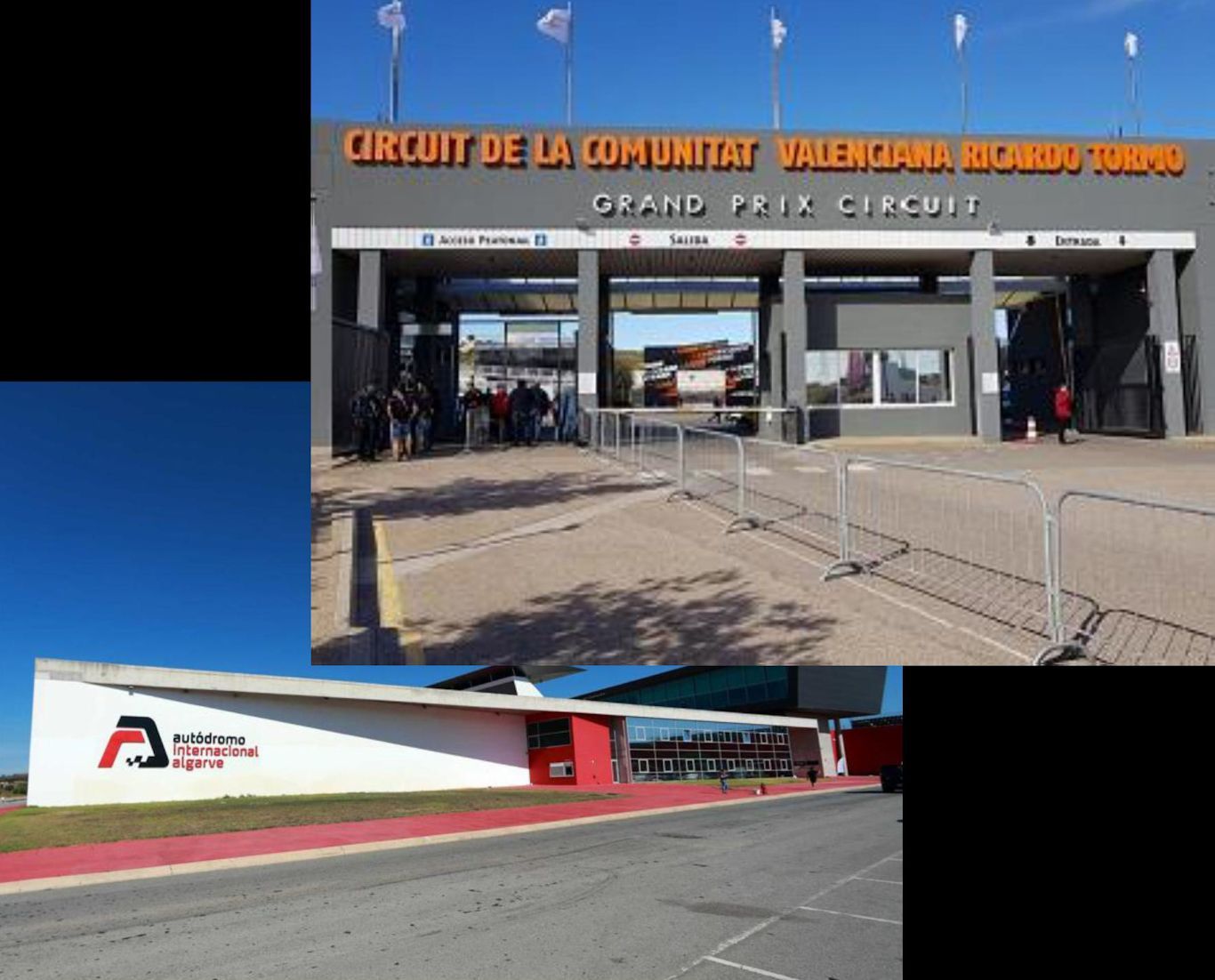 Ingang van het Circuit de la Comunitat Valenciana Ricardo Tormo, een renbaan, met een poort en bewegwijzering onder een strakblauwe hemel.