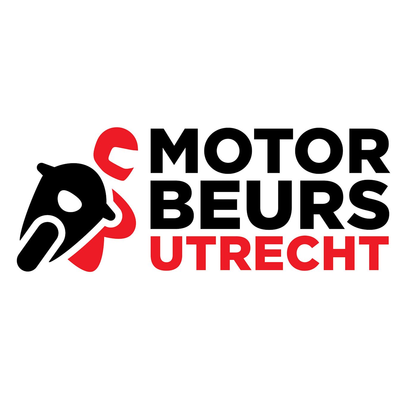 Logo voor Motorbeurs Utrecht, met een zwart-rode motorhelm en tekst. 