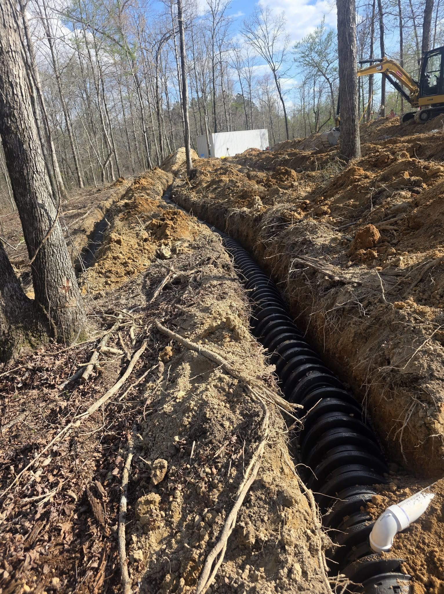 Black corrugated drainage pipe running through a muddy wooded trench with exposed soil and bare trees