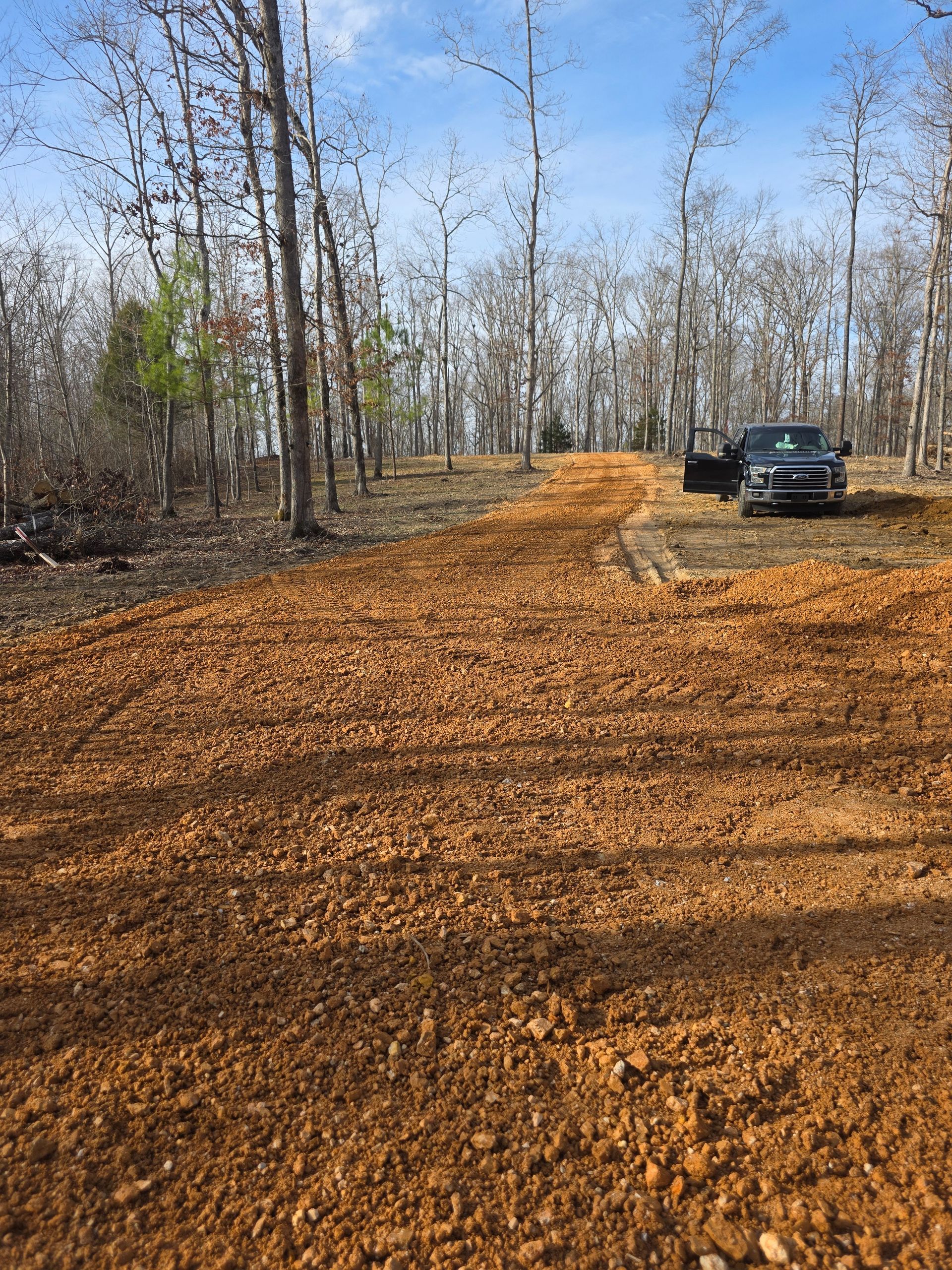 Dirt road through sparse trees with a parked SUV on the right under a clear blue sky