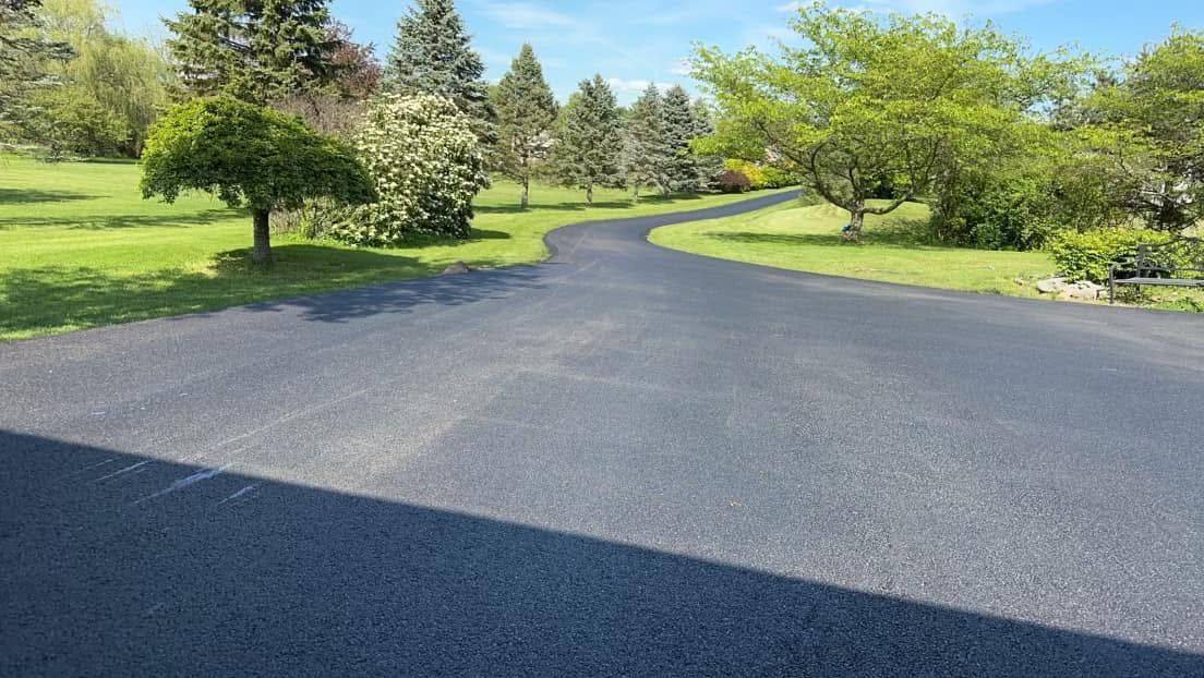 Curving paved driveway through a green landscaped yard with trees and blue sky