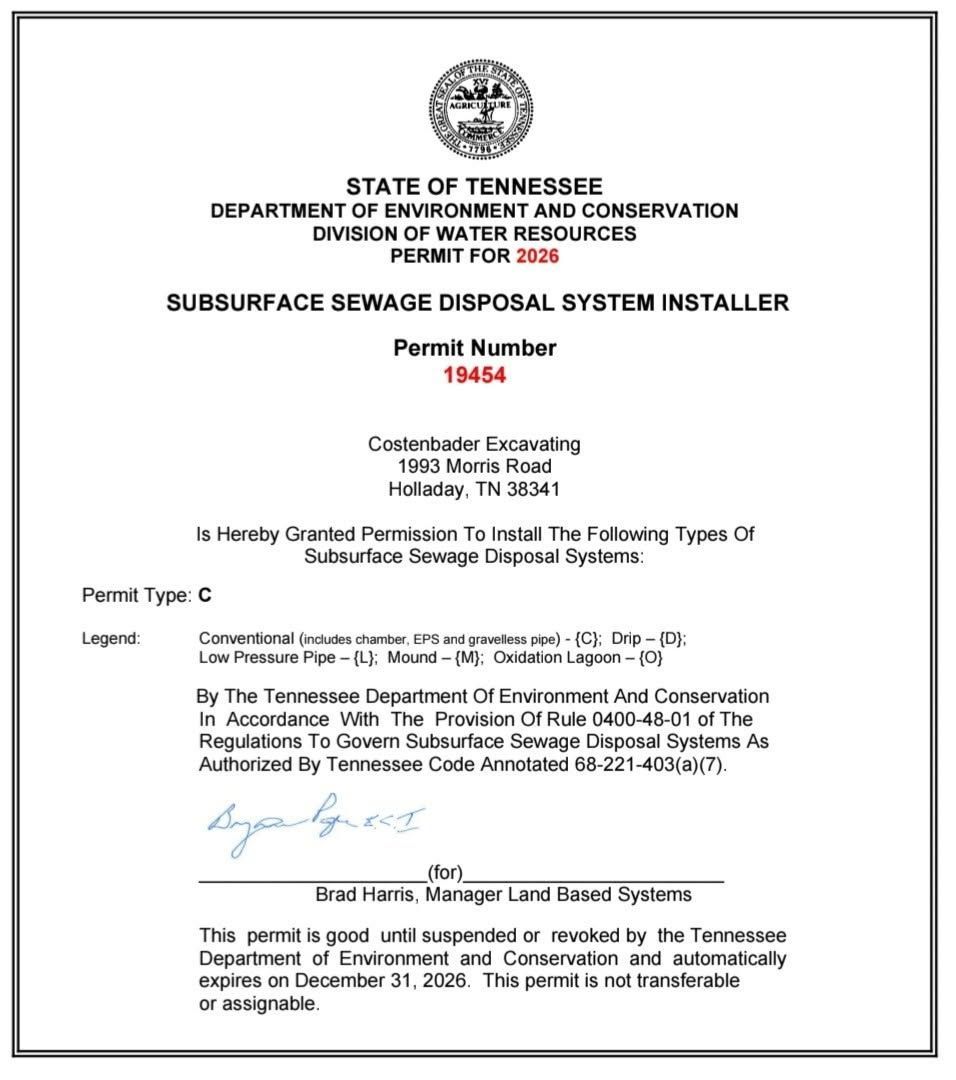 Tennessee Department of Environment certificate for subsurface sewage disposal system installer, with red permit number and signatures
