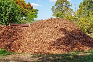 Wood chip pile in garden — Omaha, NE — Tim’s Tree Service and Mulch Wood chip pile in garden — Omaha, NE — Tim’s Tree Service and Mulch