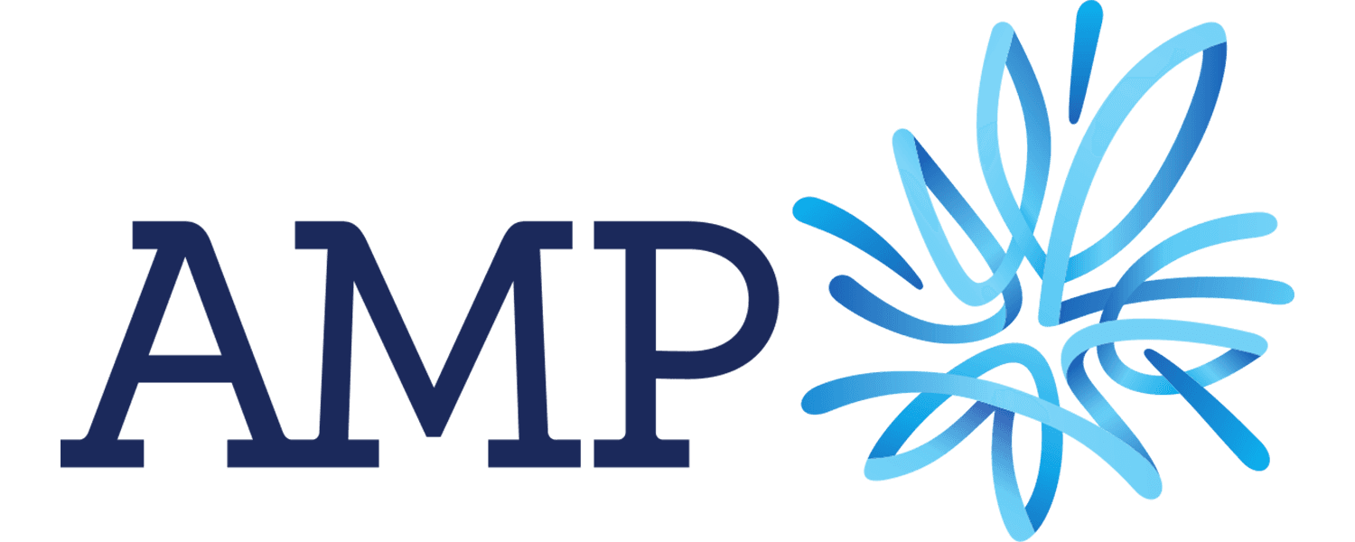 AMP logo with navy text and light blue abstract flower icon