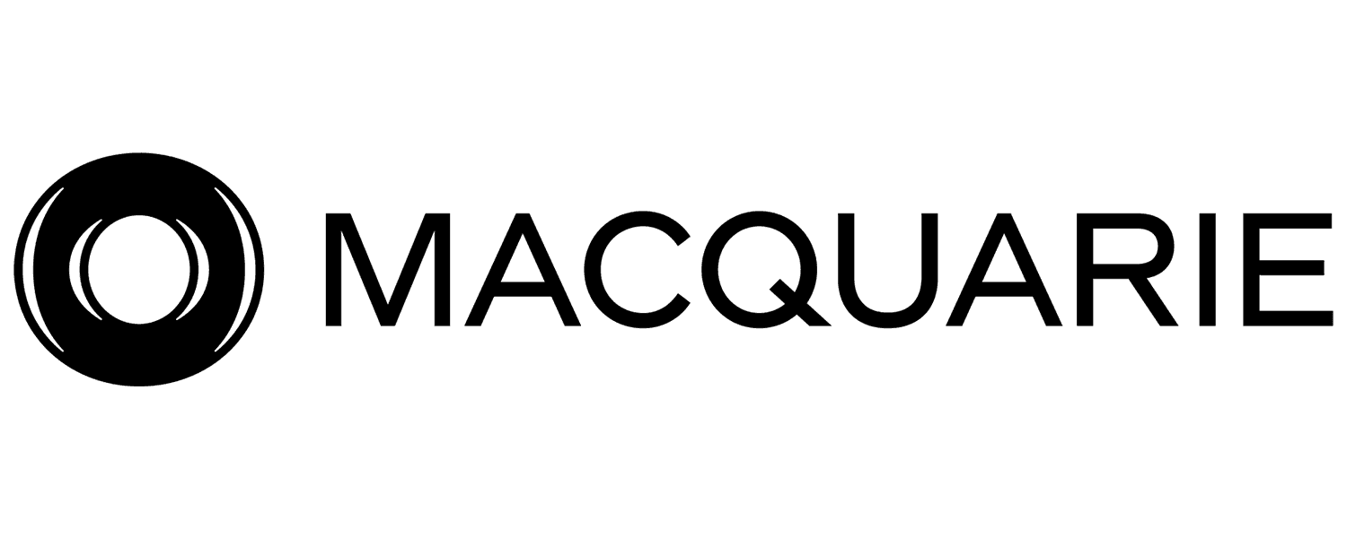 Macquarie logo in black with circular emblem and wordmark on white background