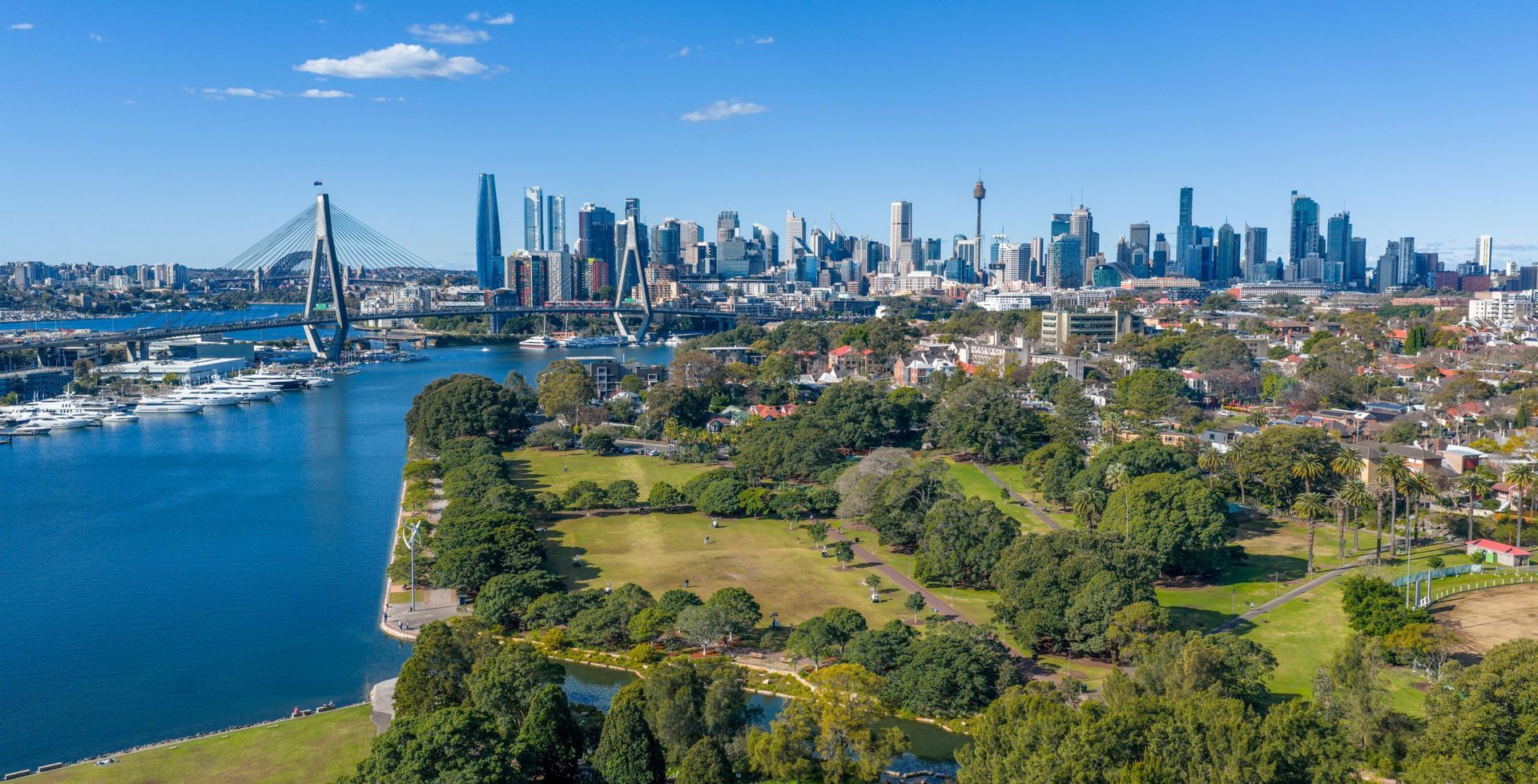 Aerial view of Sydney skyline, harbor, bridge, and green parkland under a blue sky