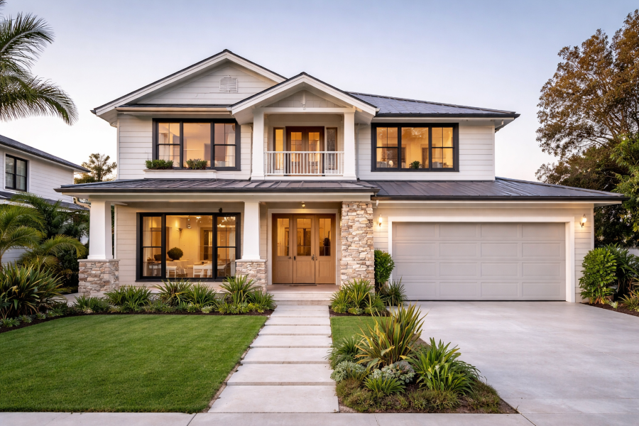 Two-story modern home with white siding, stone accents, dark-framed windows, a double garage, and a manicured front lawn.