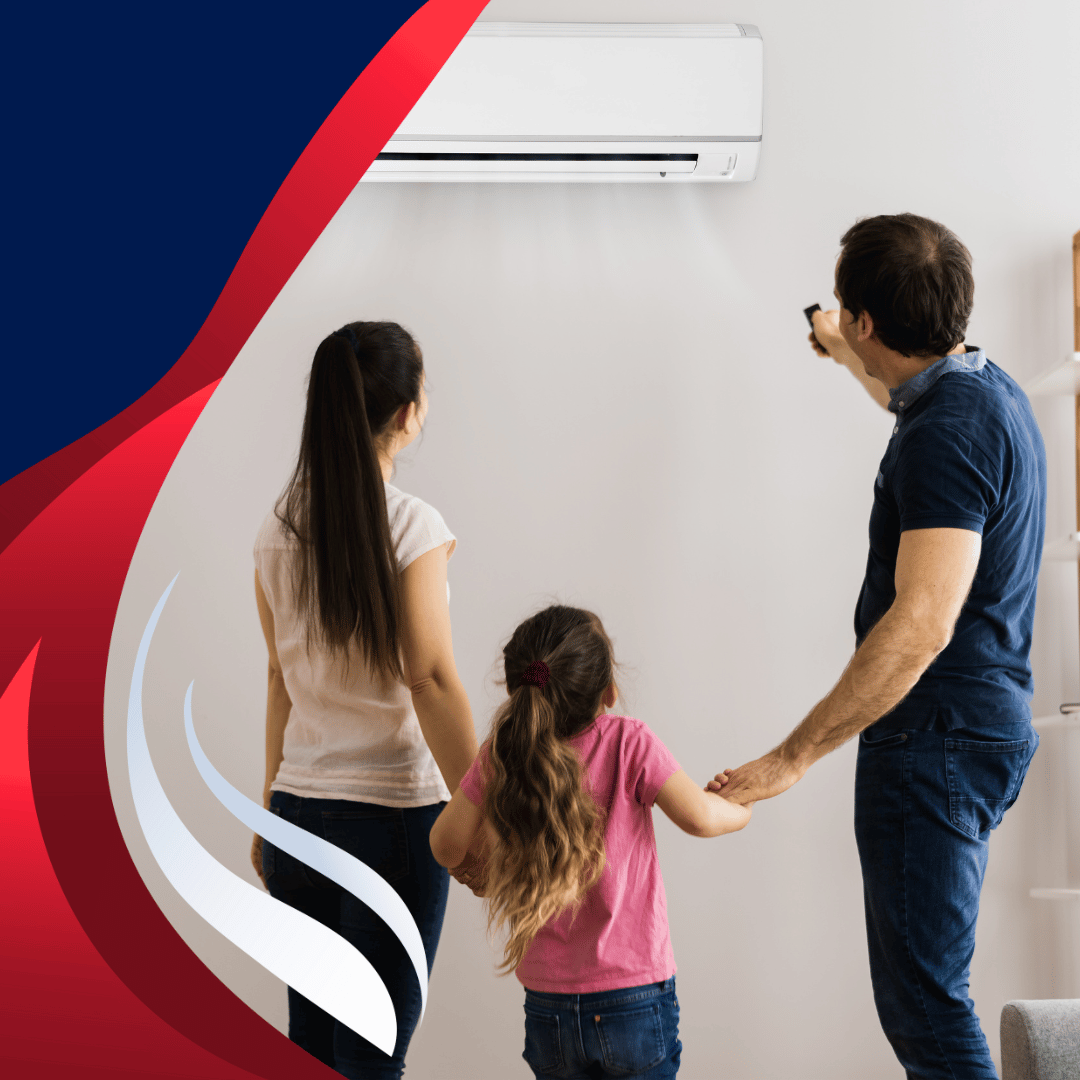 A family is standing in front of a wall mounted air conditioner.