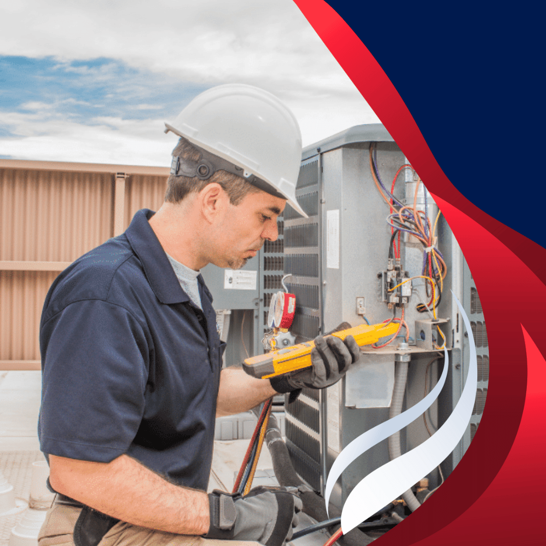 A man wearing a hard hat is working on an air conditioner
