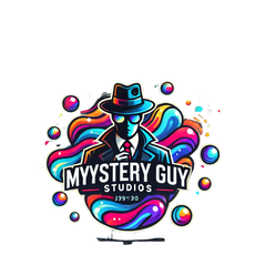 The logo for mystery guy studios shows a man in a hat and tie surrounded by colorful bubbles.
