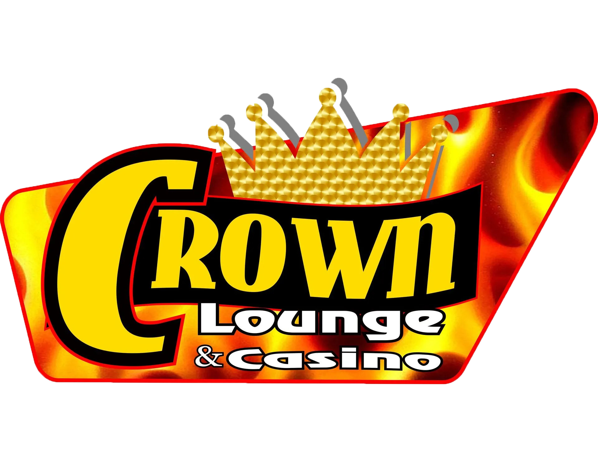 Crown Lounge & Casino logo with yellow crown, text, and fiery background.