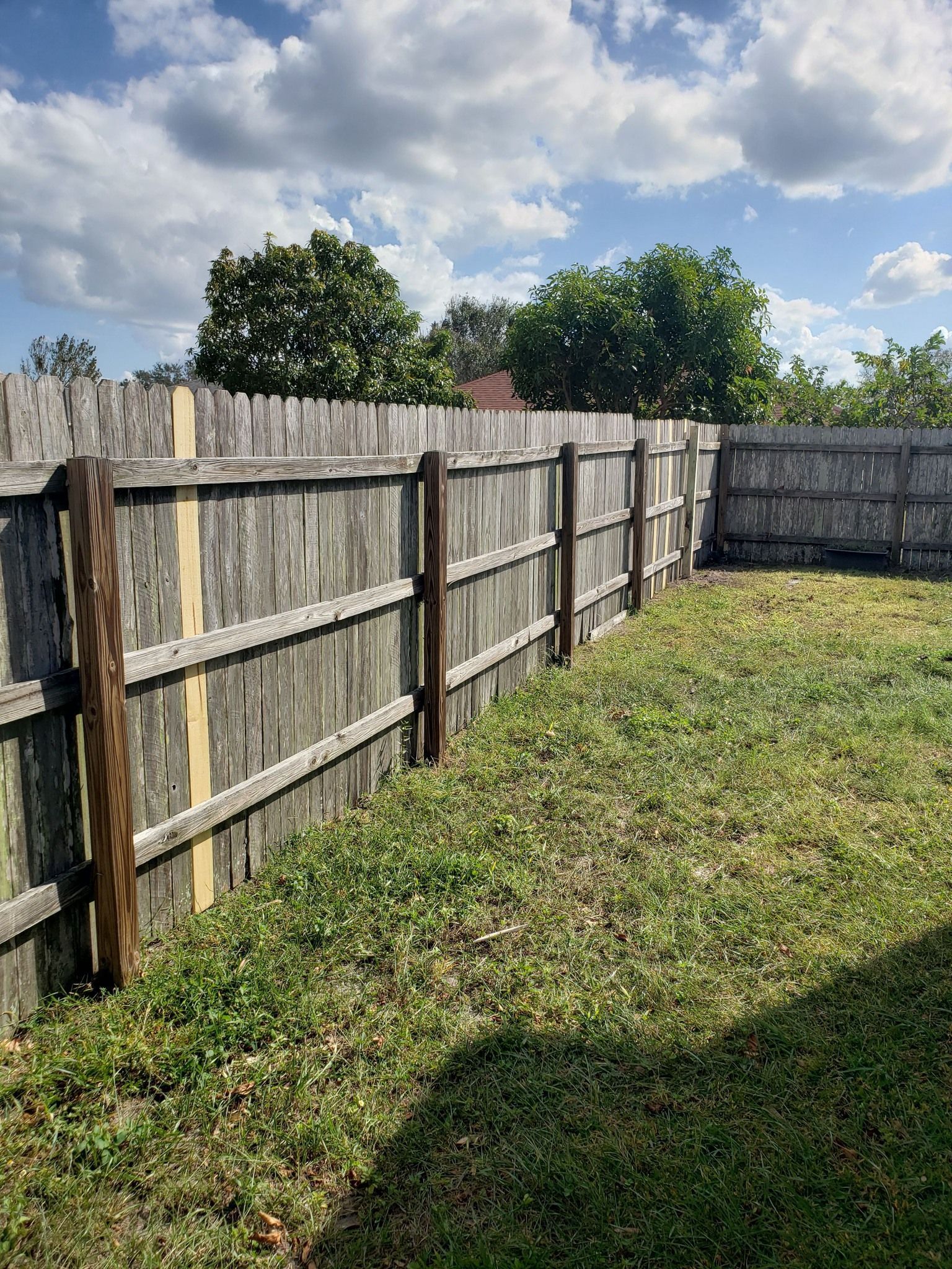 Wooden fence in a grassy backyard with visible posts and cloudy sky.