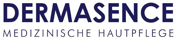 A blue and white logo for dermasence medizinische hautpflege