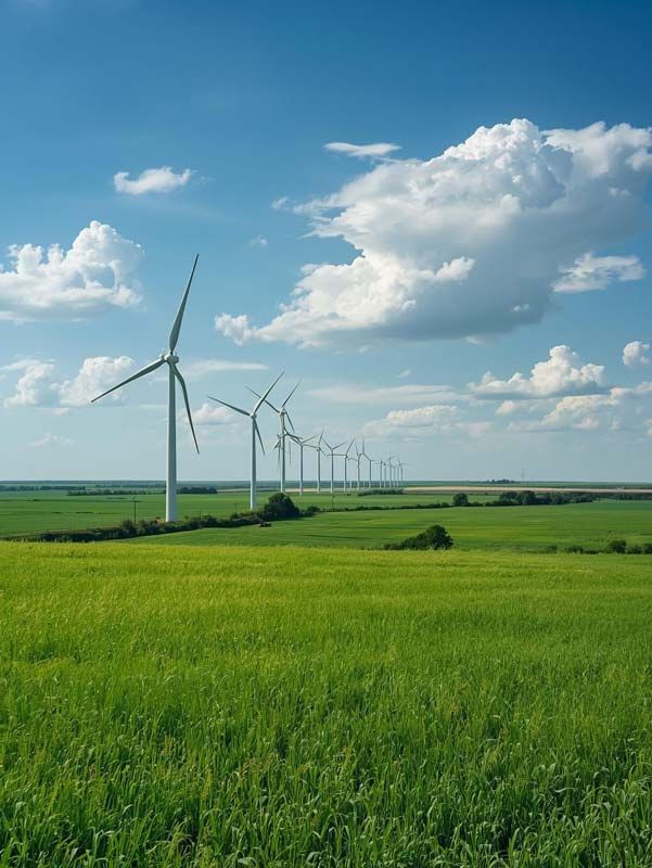 white wind turbines stretched into the distance in a green field with blue cloudy skies overhead