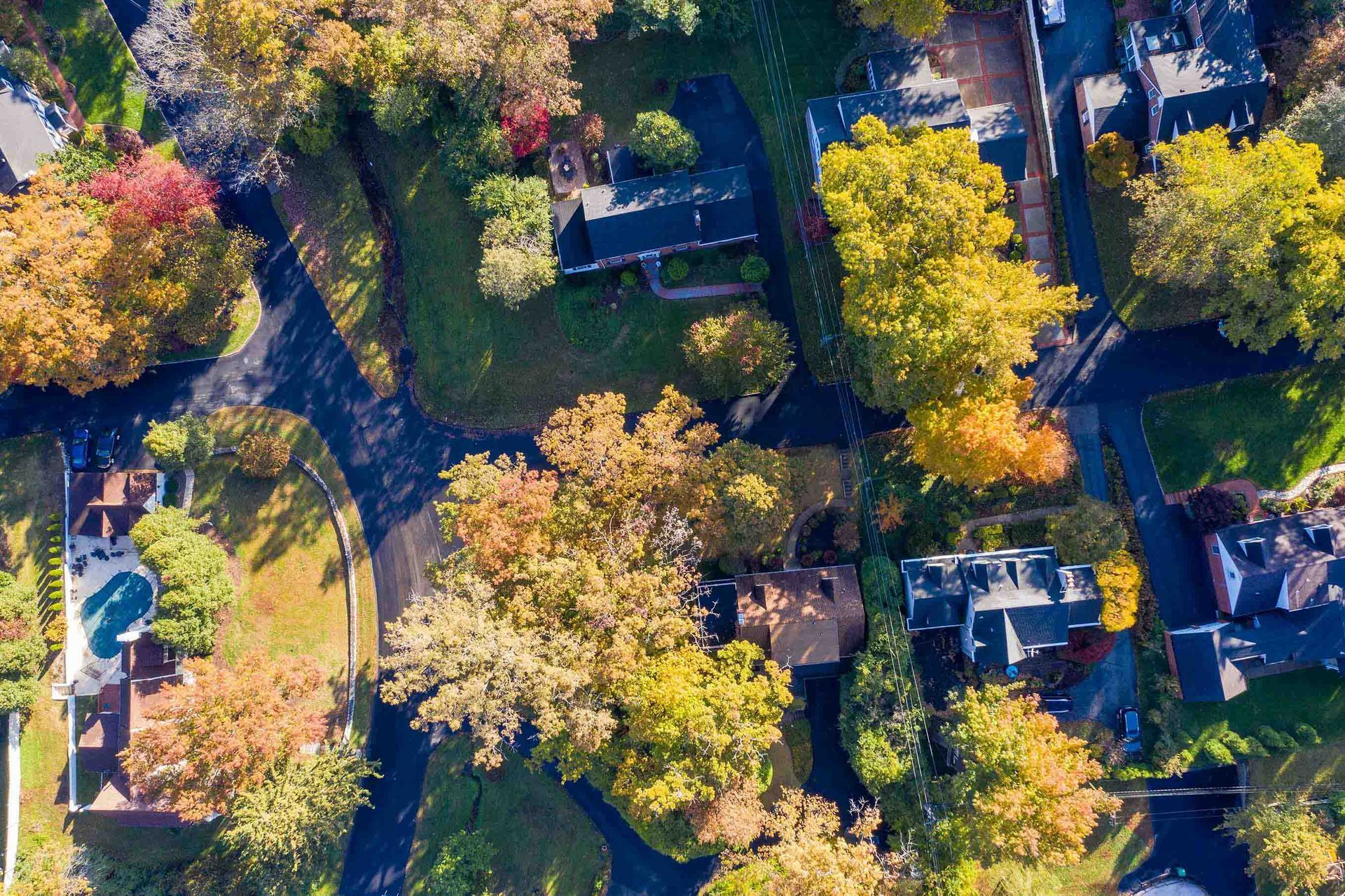 Aerial view of a suburban neighborhood with autumn trees and houses under a bright blue sky.
