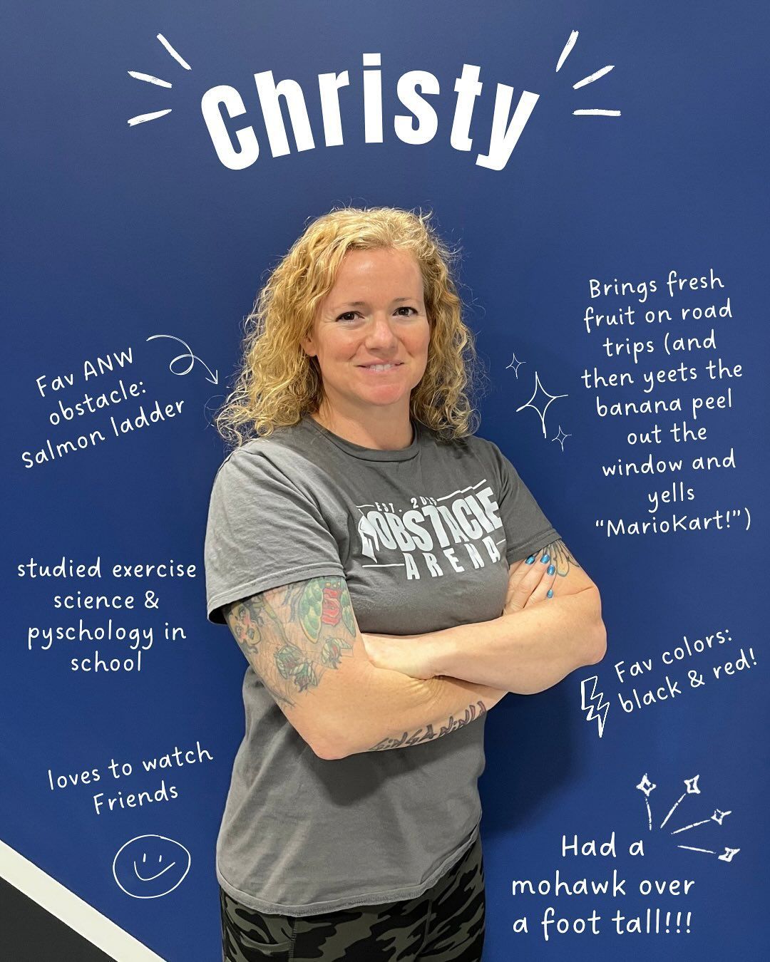 Woman named Christy with arms crossed, standing in front of a blue wall with facts about her.