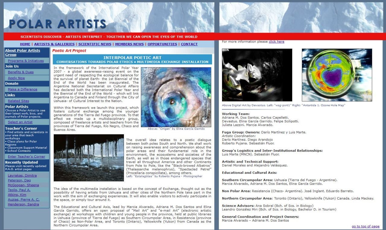Página de inicio del sitio web para artistas polares, con texto, fotos y una combinación de colores azul y blanco.