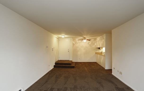 An empty living room with white walls and brown carpet