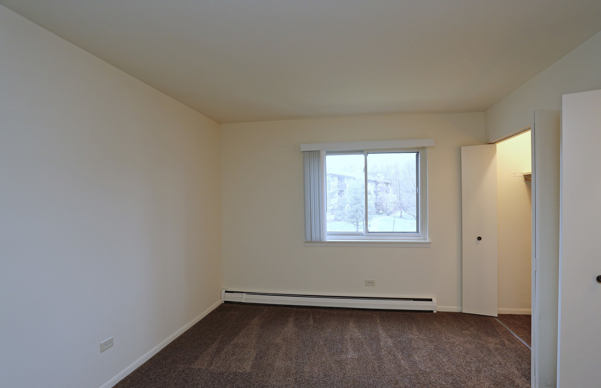 An empty room with a window and a brown carpet