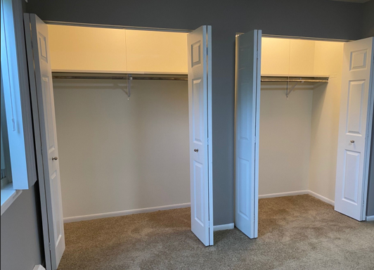 A bedroom with two closets and a carpeted floor