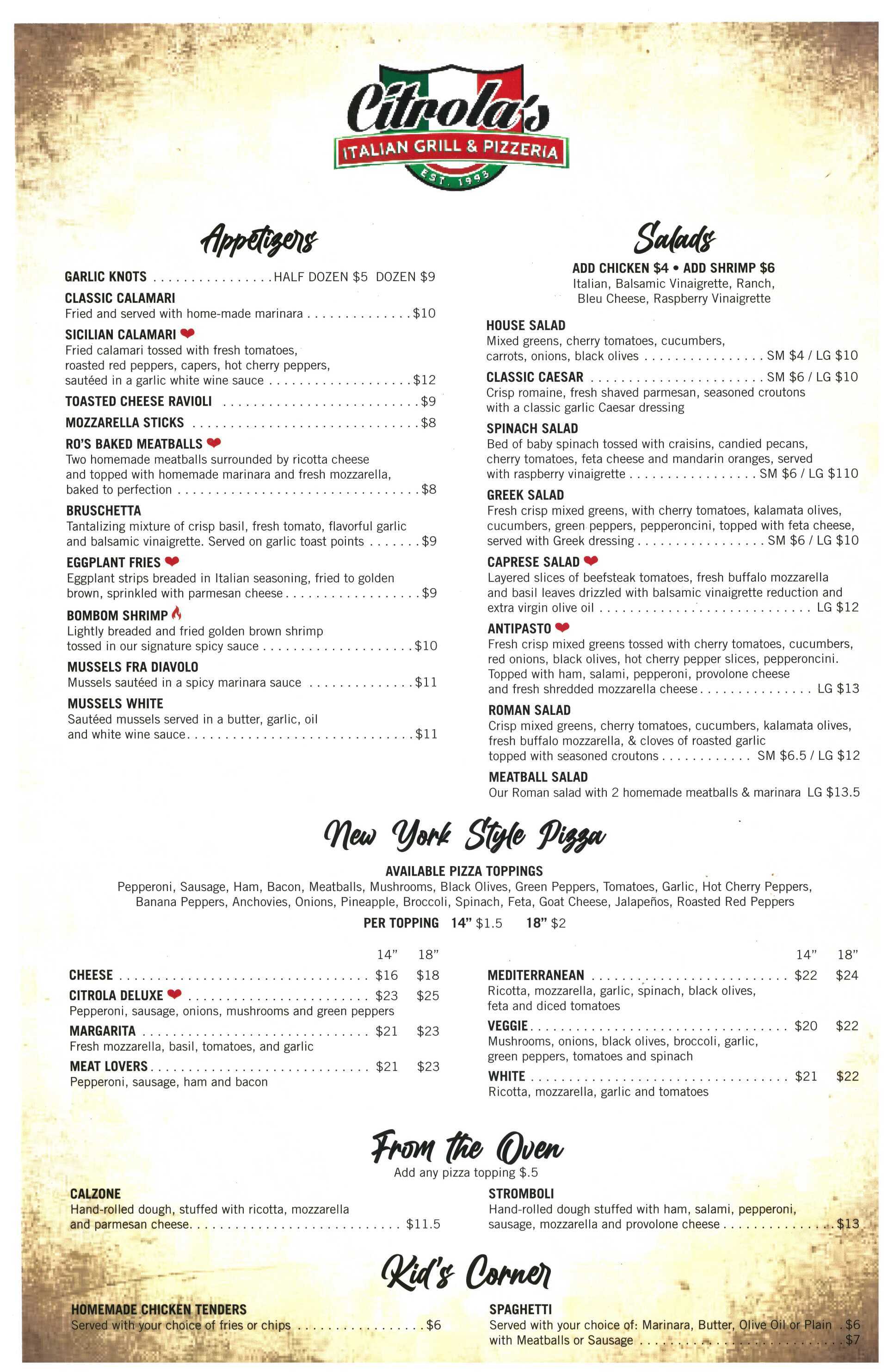 Menu Page ] Citrola's Italian Restaurant Fort Myers Florida