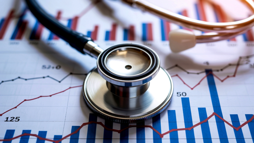 Stethoscope on a graph, showing bar and line charts, suggesting healthcare statistics.