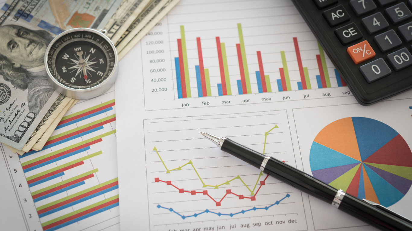 Financial graphs, calculator, compass, money, and pen.