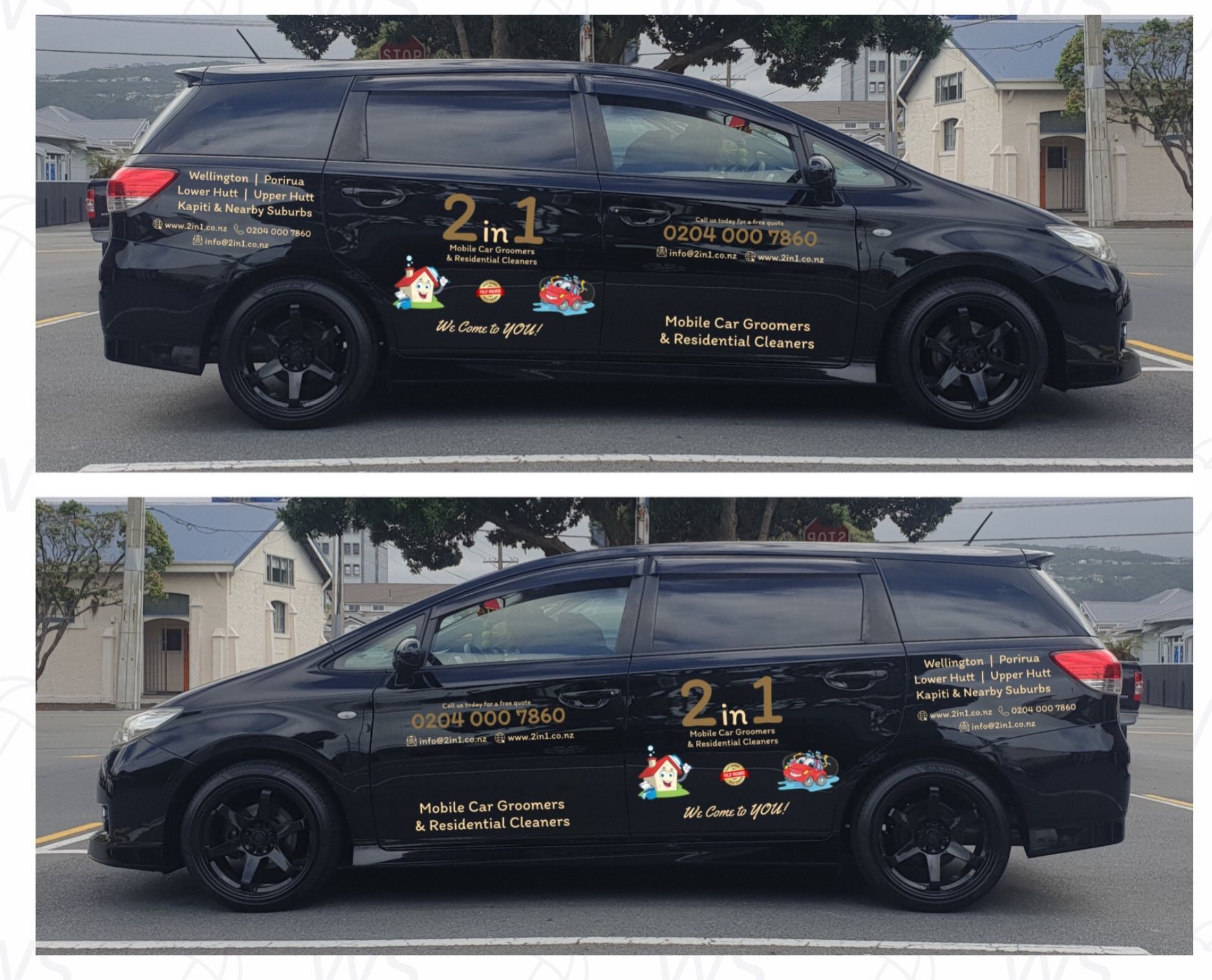A black van with a sticker on the side that says 2 in 1