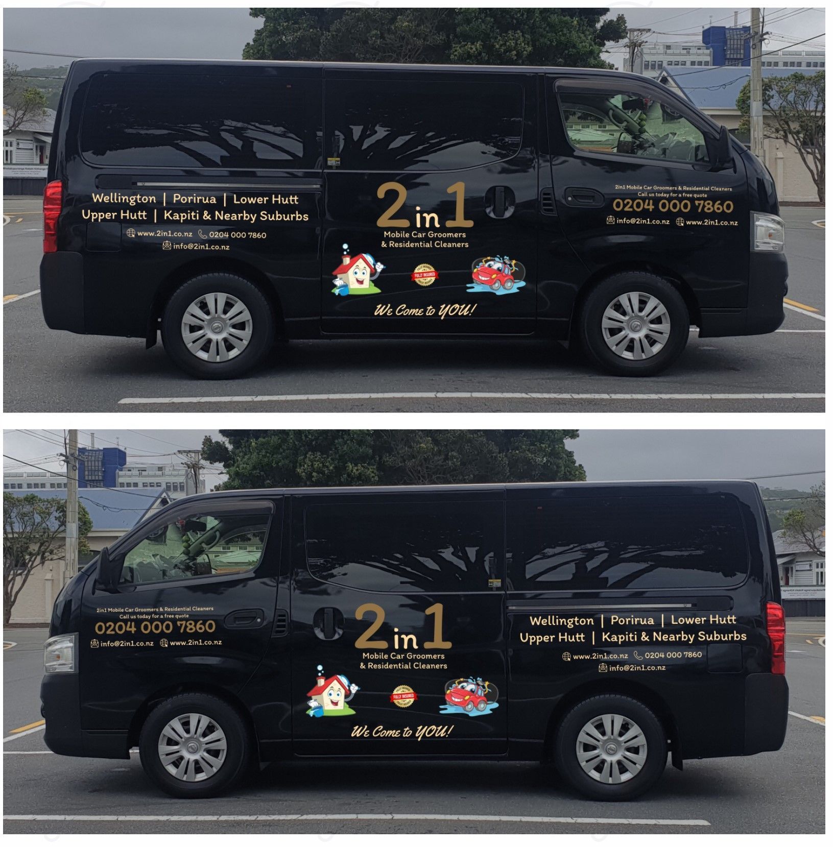 A black van with 2 in 1 written on the side