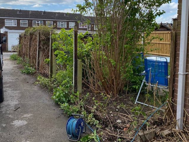 Overgrown scrub and leaning fence posts along a walkway boundary in Keyworth before replacement