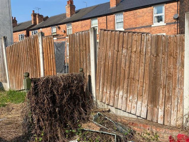 Leaning and weathered fence panels behind a Carlton terrace before replacement, with an overgrown dead hedge