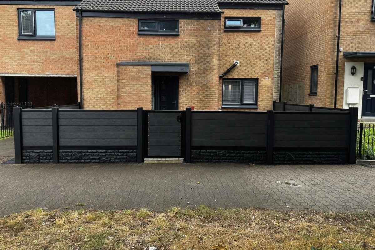 Black composite front garden fencing with a matching composite gate in Hucknall