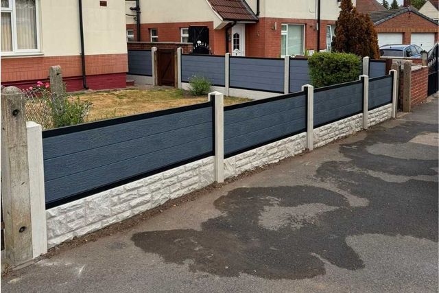 Anthracite composite front garden fencing on concrete posts with rock-faced gravel boards in Bulwell