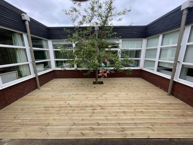 Timber decking laid in an enclosed school courtyard around a mature tree with a gap left around the trunk