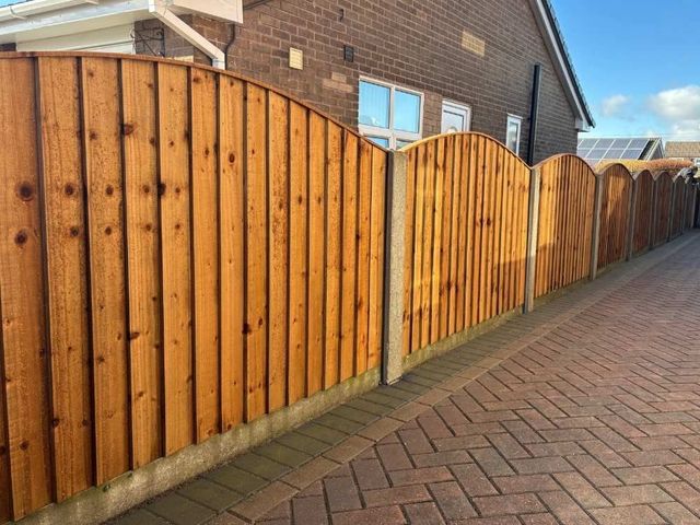 Arched top closeboard replacement fence panels in concrete posts running alongside a block paved driveway
