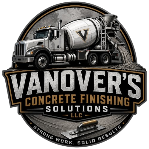 Vanover&rsquo;s Concrete Finishing Solutions logo with a cement truck and bold black, gold, and white lettering