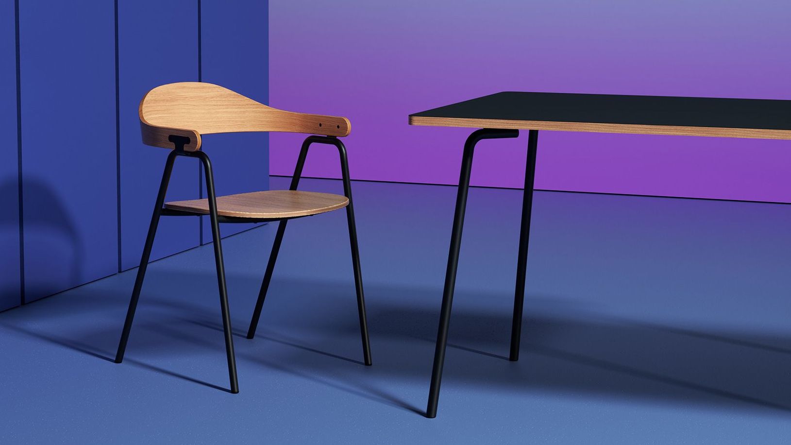 Chair and desk with black legs, wooden seat and back, against a blue and purple background.