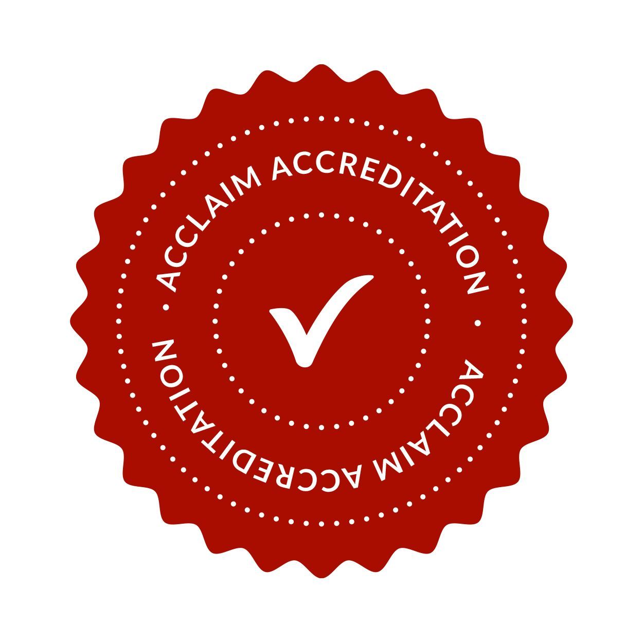 Red, scalloped accreditation badge with white text