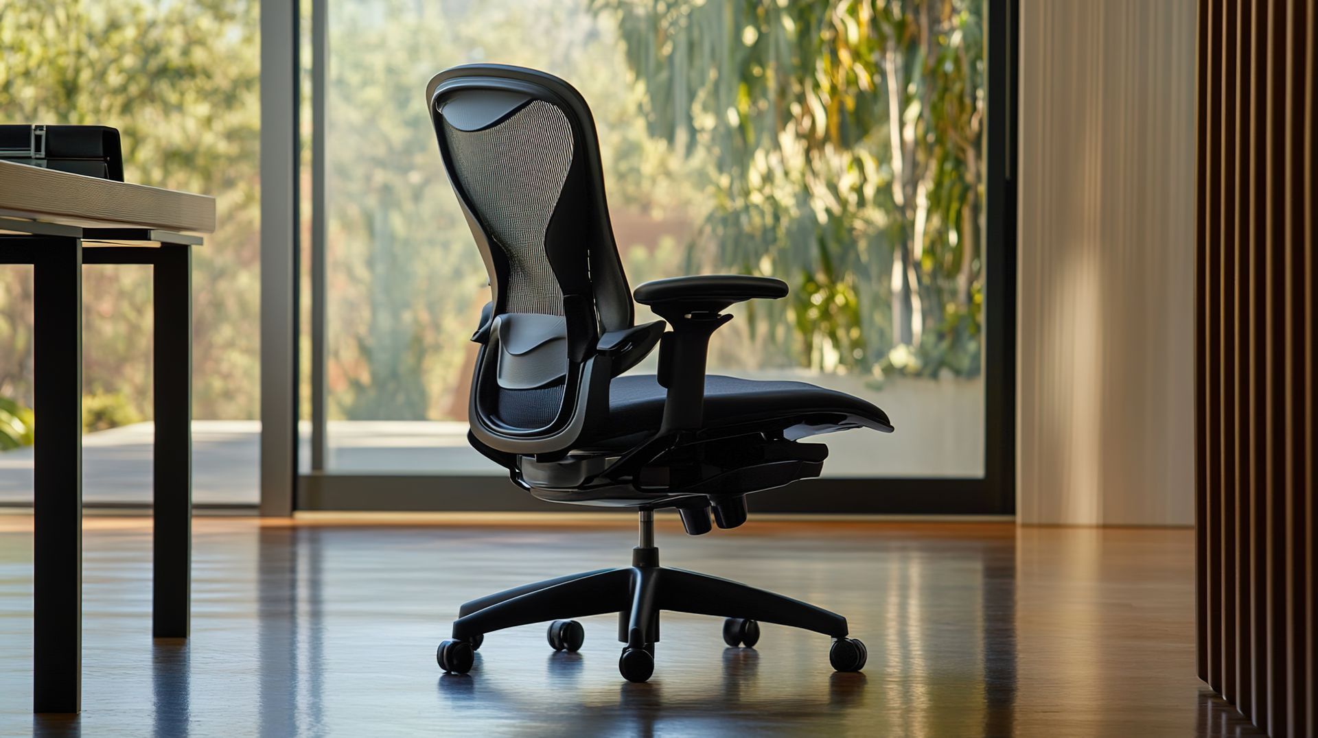 Refurbished black ergonomic office chair on hardwood floor, set against large window with trees visible.