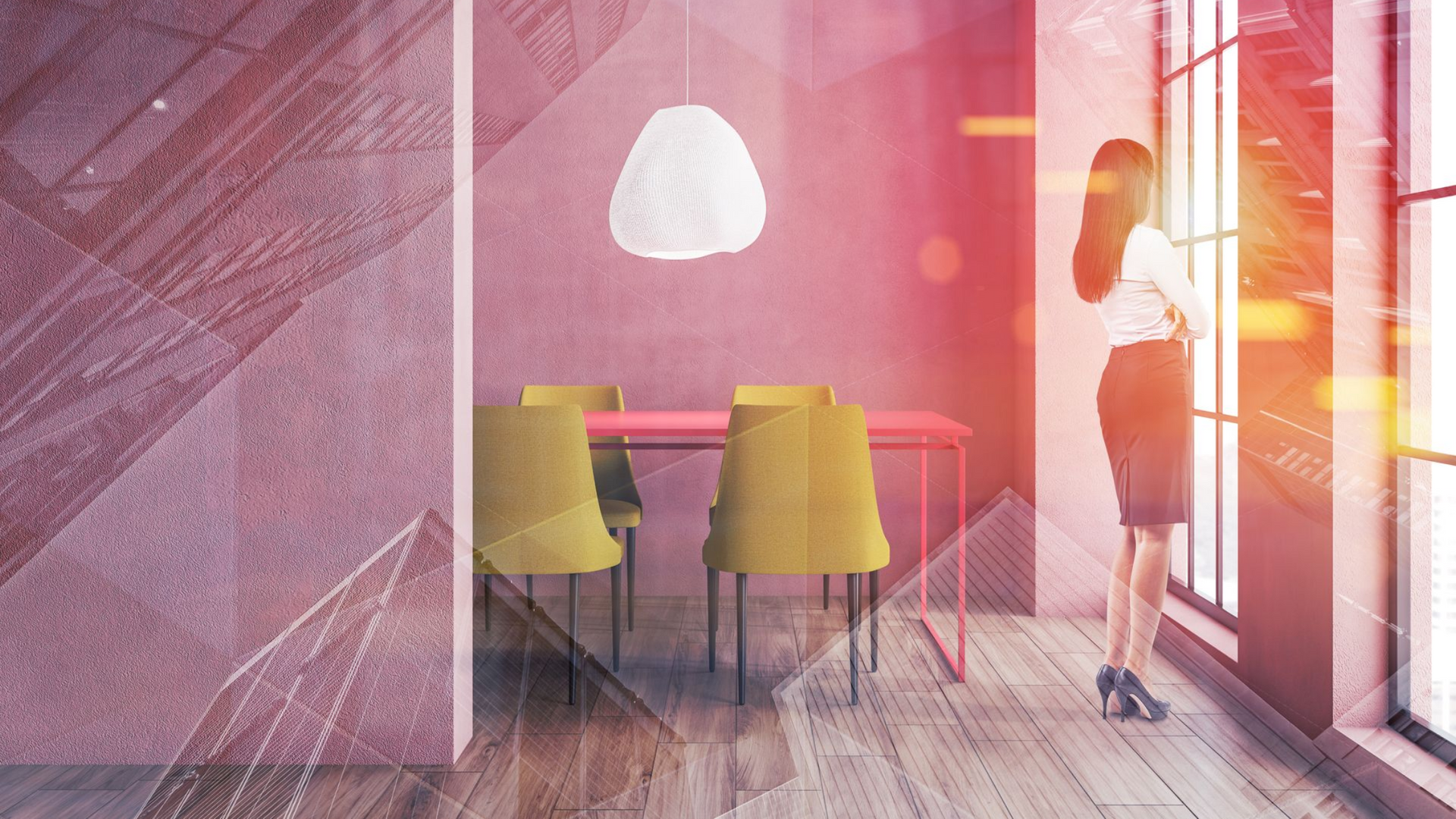Stylish woman in an room with colourful second-hand office furniture