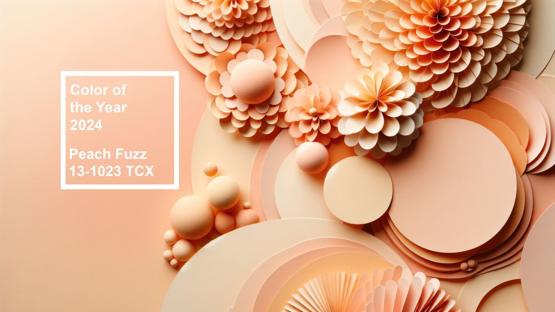 A graphic with peach-toned layers of circles, balls, and flowers. The background is peach. There is a white text box saying 'Color of the Year 2024 Peach Fuzz 13-1023 TCX'